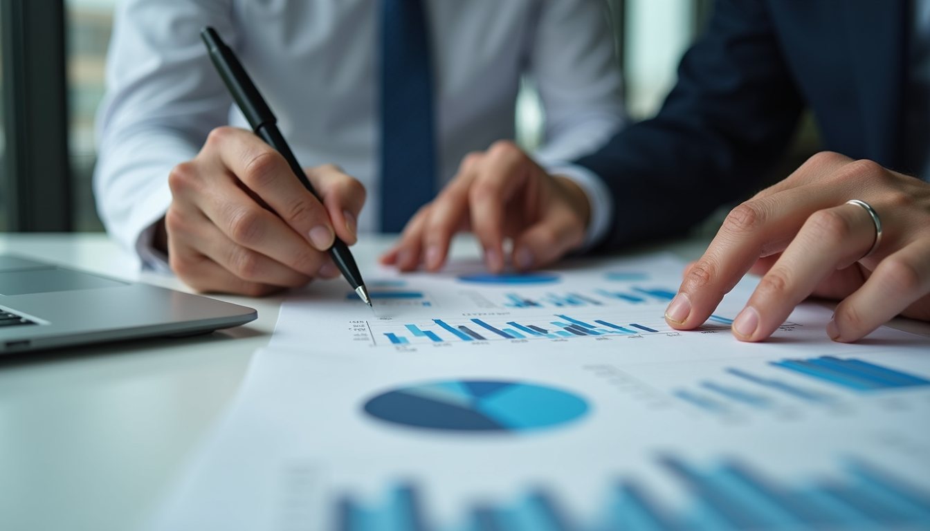 Close-up view of a financial advisor explaining charts to a business owner