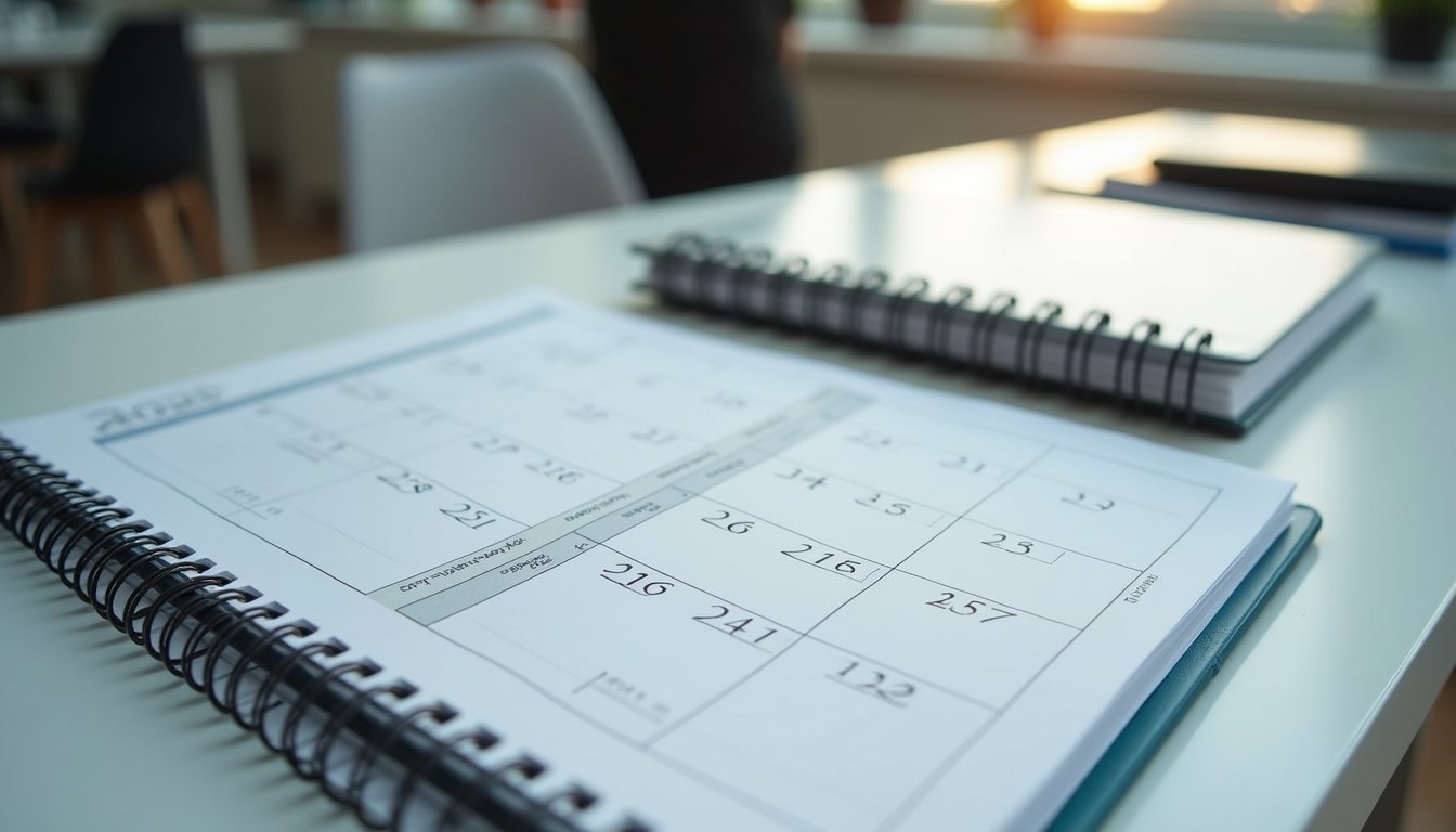 High angle view of a calendar and financial planner on a desk
