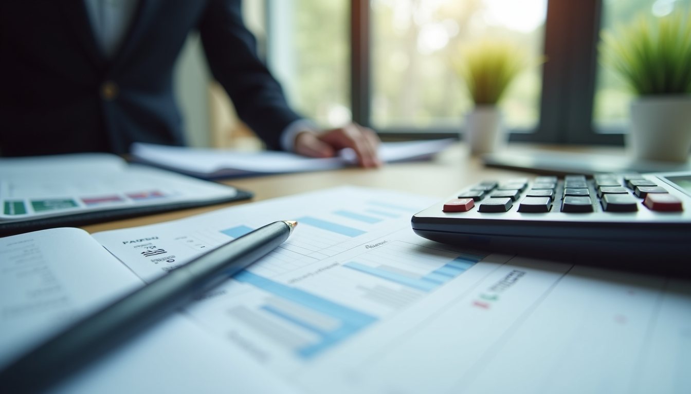 Eye-level view of a calculator and financial reports on a desk