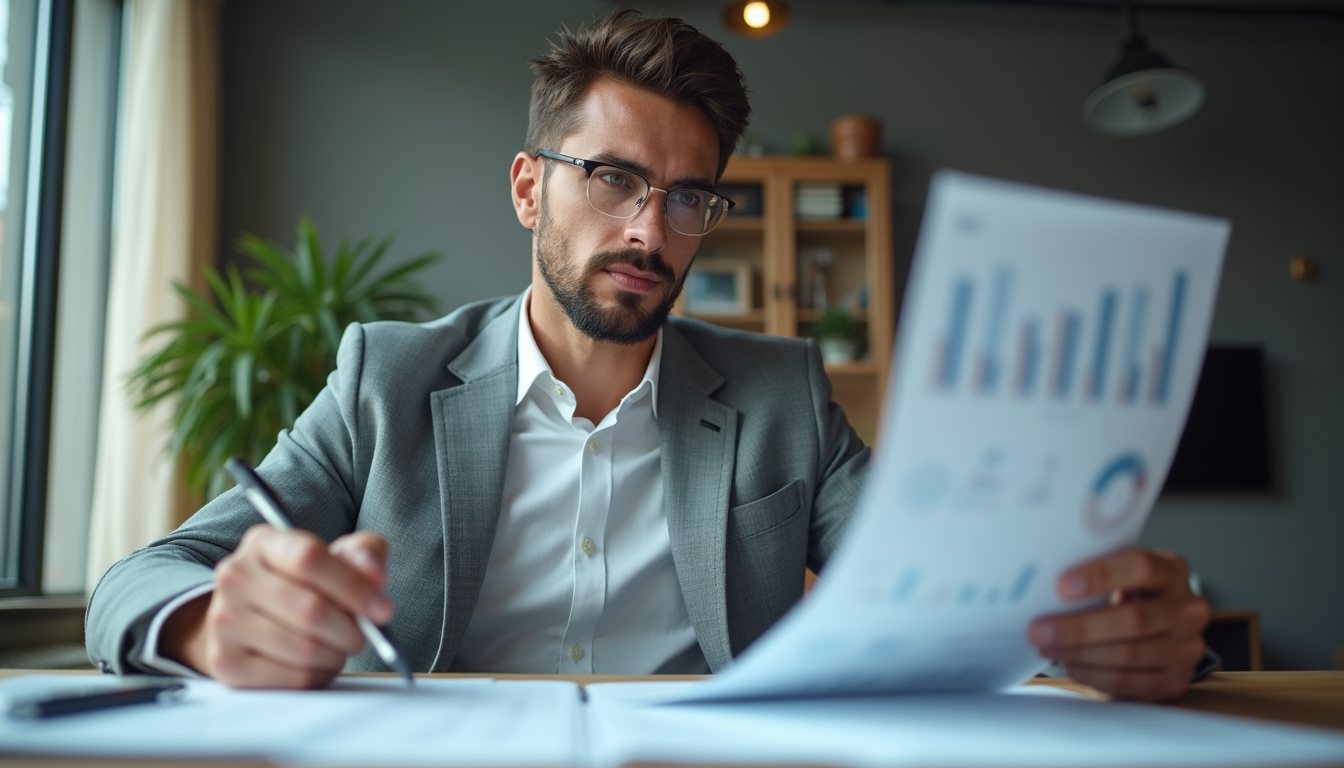 Eye-level view of a confident business owner reviewing financial reports