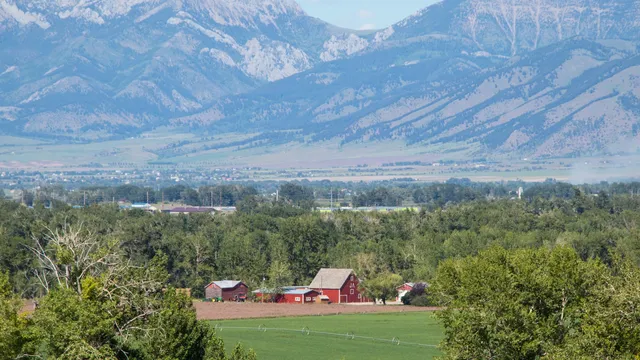 Red barns and a green field among trees below rugged mountains in a Montana valley