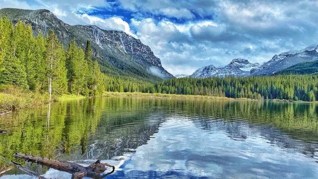 Mountain lake reflecting peaks and evergreens in Montana