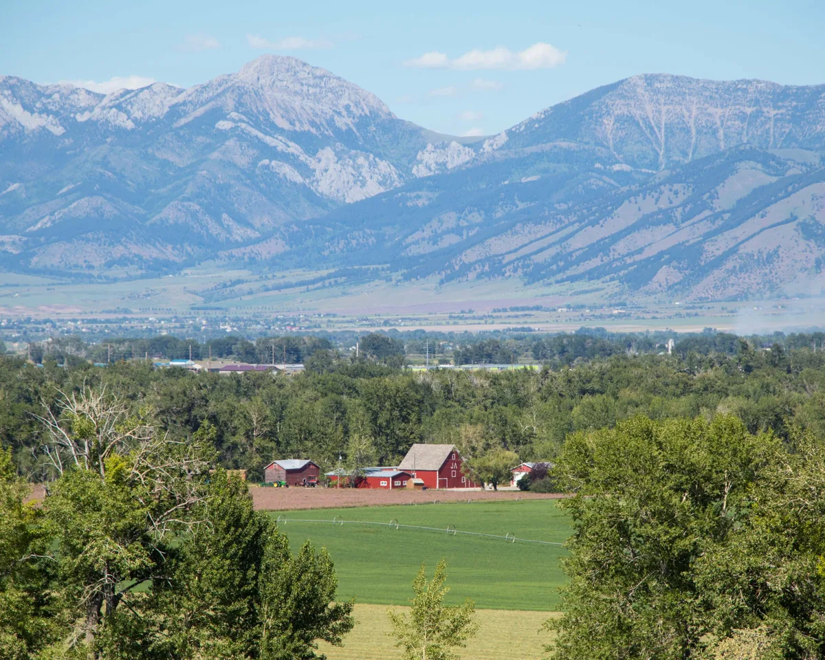 A red barn and green fields in the Gallatin Valley with the Bridger Mountains behind